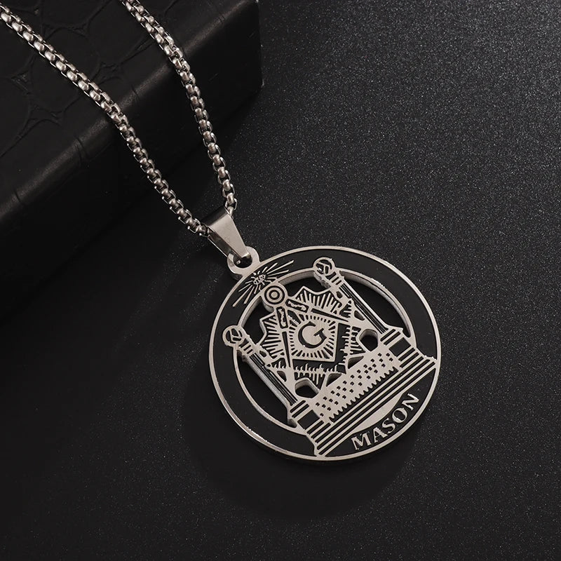 Men\'s Classic Punk Gold Plated Freemason Round Medal Pendant Necklace Hip Hop Style Rock Party Jewelry