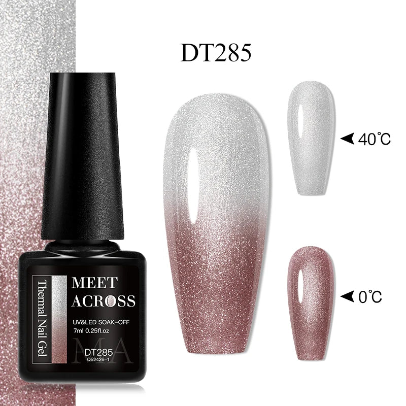 MEET ACROSS 7ml Auroras Thermal Gel Nail Polish Gold Glitter Gradient Color Changing Gel Semi Permanent Nail Art UV Gel Varnish
