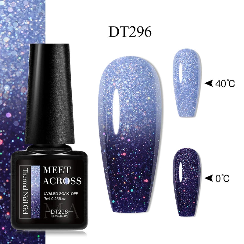 MEET ACROSS 7ml Auroras Thermal Gel Nail Polish Gold Glitter Gradient Color Changing Gel Semi Permanent Nail Art UV Gel Varnish