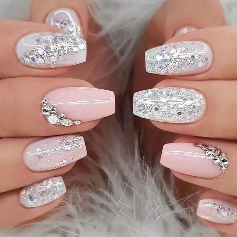 24Pcs Press on Nails Wearable Fake Nails Pink Gradient Glitter Butterfly Rhinestones False Nail Full Cover Acrylic Nail Tips