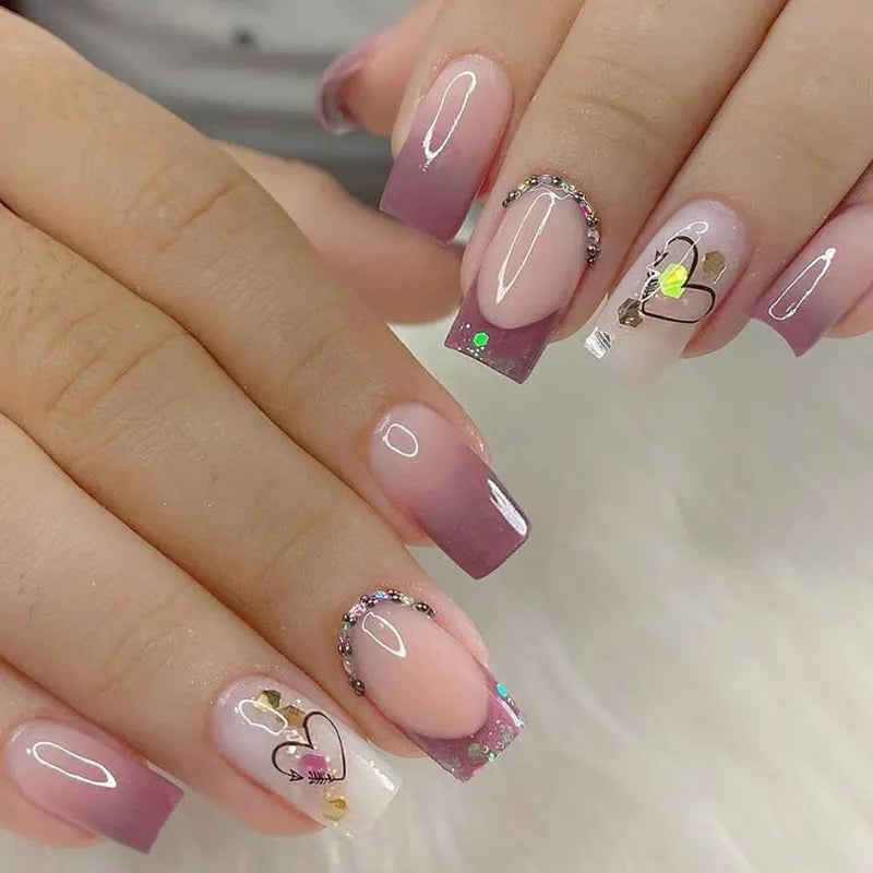 24Pcs Press on Nails Wearable Fake Nails Pink Gradient Glitter Butterfly Rhinestones False Nail Full Cover Acrylic Nail Tips