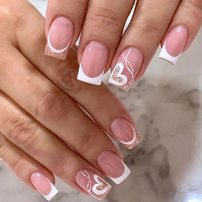 24pcs False Nail Full Cover Fake Nail Elegant Pink Gradient Glitter French Short Nails Coffin Short False Nail Press on Nails