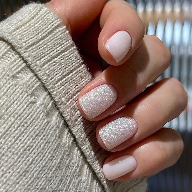 24pcs False Nail Full Cover Fake Nail Elegant Pink Gradient Glitter French Short Nails Coffin Short False Nail Press on Nails