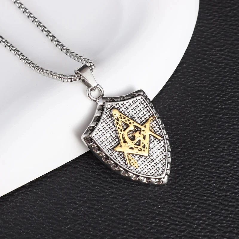 Men\'s Classic Punk Gold Plated Freemason Round Medal Pendant Necklace Hip Hop Style Rock Party Jewelry