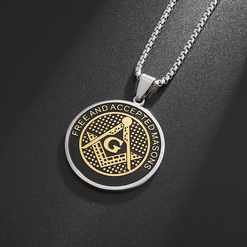 Men\'s Classic Punk Gold Plated Freemason Round Medal Pendant Necklace Hip Hop Style Rock Party Jewelry
