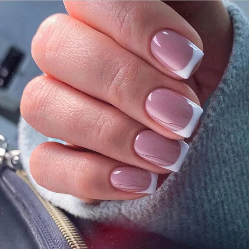 24pcs False Nail Full Cover Fake Nail Elegant Pink Gradient Glitter French Short Nails Coffin Short False Nail Press on Nails