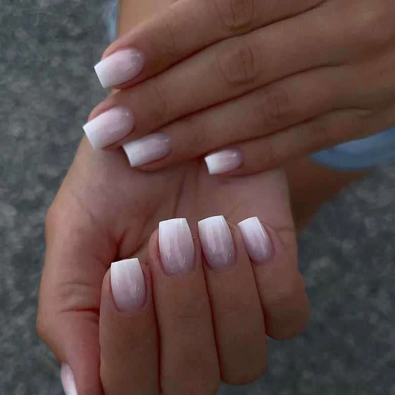 24pcs False Nail Full Cover Fake Nail Elegant Pink Gradient Glitter French Short Nails Coffin Short False Nail Press on Nails