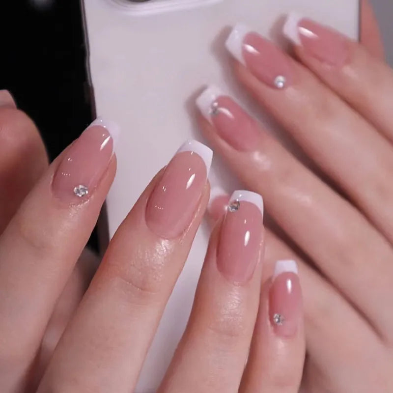 24Pcs Press on Nails Wearable Fake Nails Pink Gradient Glitter Butterfly Rhinestones False Nail Full Cover Acrylic Nail Tips