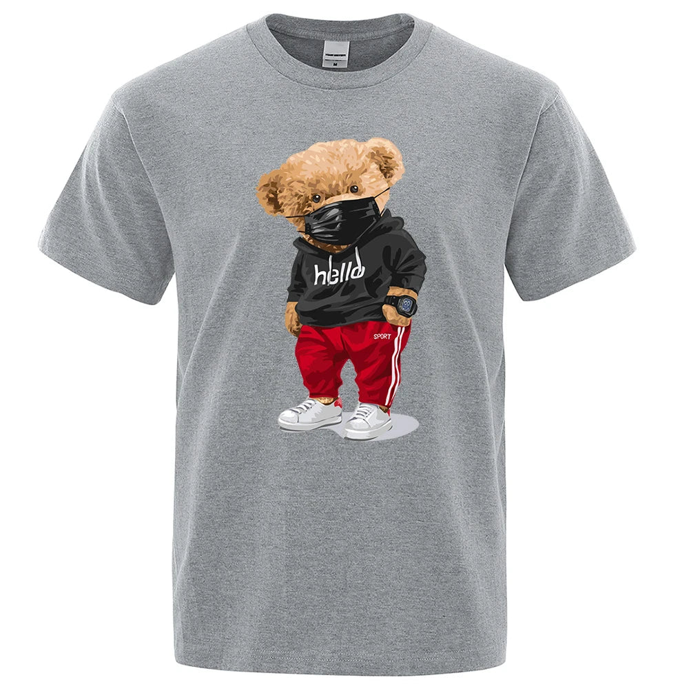 100% Cotton Sports Mask Bear Print Short-Sleeved T-Shirt Male Half-Sleeved Summer Casual Oversized T-Shirt Men Shirt S-Xxxl