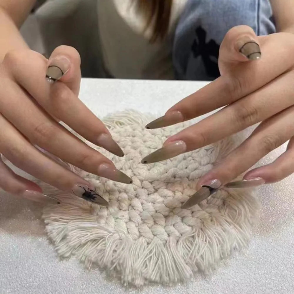 Long Almond Fake Nails Detachable French Ballet Halloween False Nails Nail Art Full Cover Nail Tips Press on Nails 24pcs
