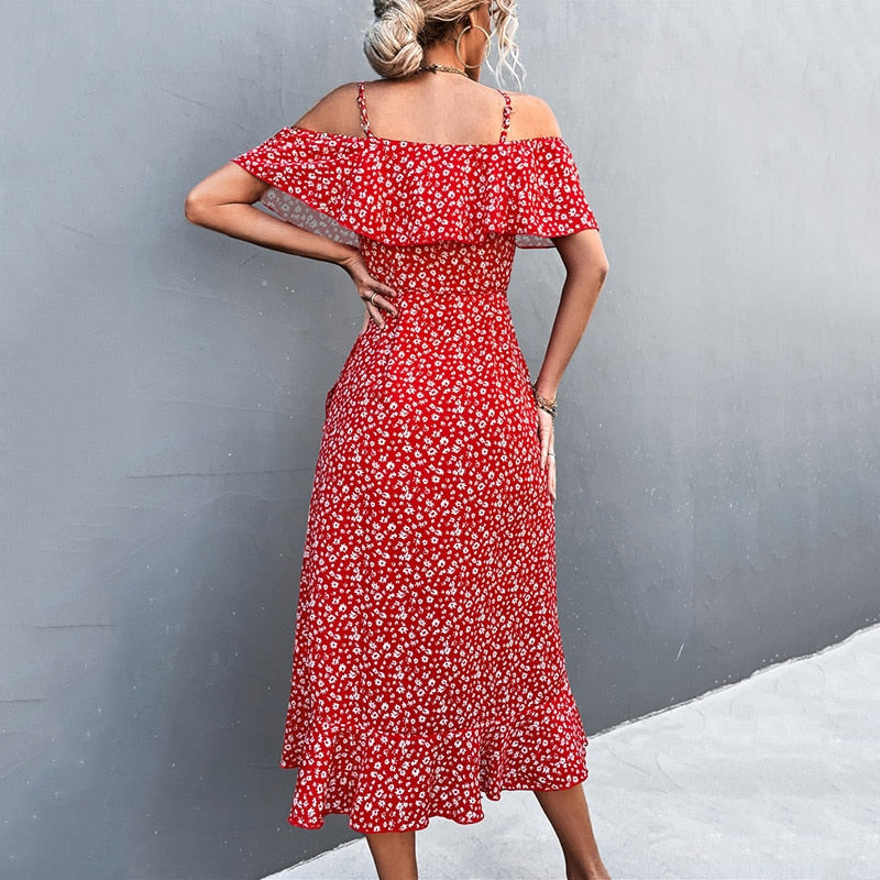 MOVOKAKA Ladies Spring Summer Sexy Straps Dress Women Ruffles Off Shoulder Casual Party Dresses Elegant Floral Print Beach Dress