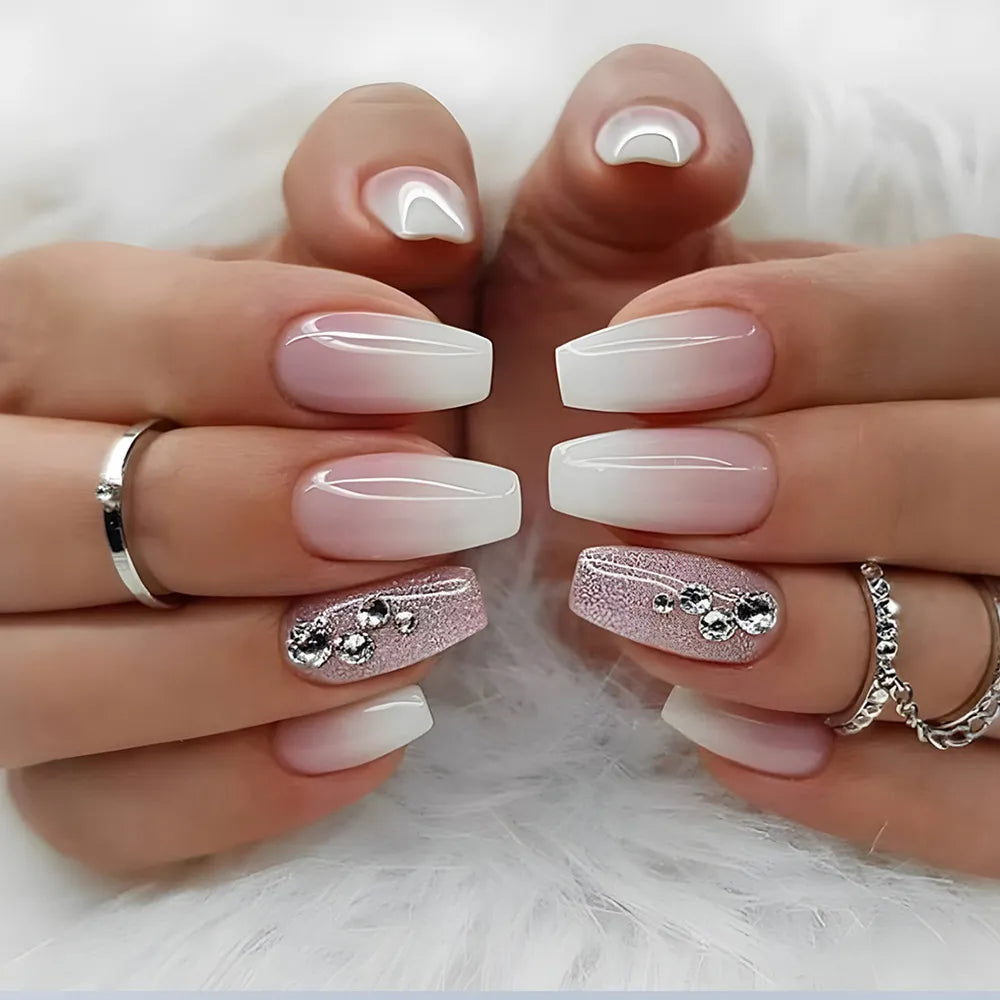 24Pcs Press on Nails Wearable Fake Nails Pink Gradient Glitter Butterfly Rhinestones False Nail Full Cover Acrylic Nail Tips