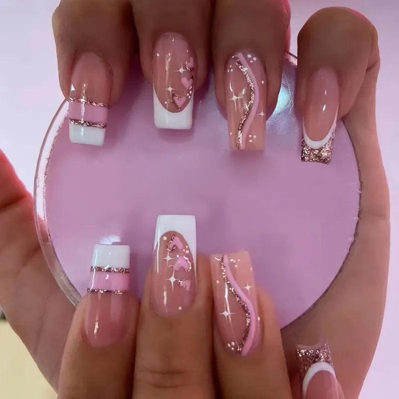 24Pcs Press on Nails Wearable Fake Nails Pink Gradient Glitter Butterfly Rhinestones False Nail Full Cover Acrylic Nail Tips