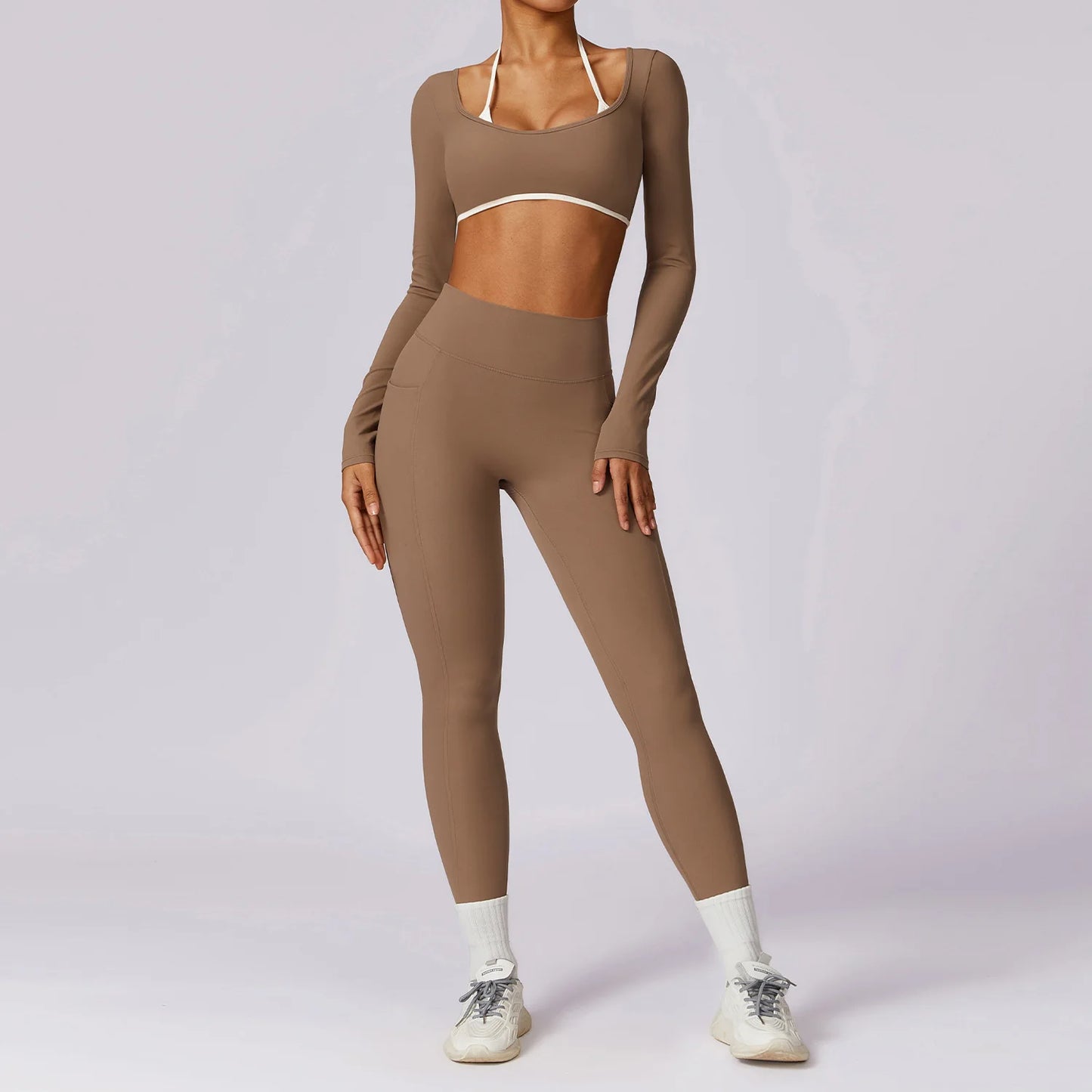 2PCS Women Tracksuit Yoga Set Sport Suit Gymwear Workout Clothes Long Sleeve Gym Bra High Waist Leggings Fitness Sports Wear