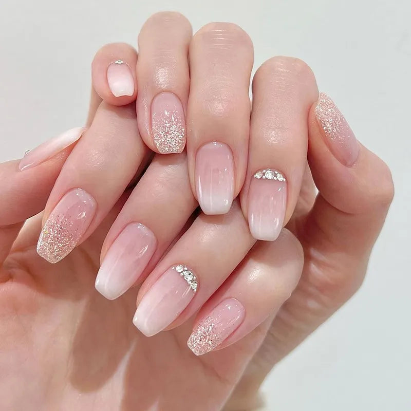 24Pcs Press on Nails Wearable Fake Nails Pink Gradient Glitter Butterfly Rhinestones False Nail Full Cover Acrylic Nail Tips