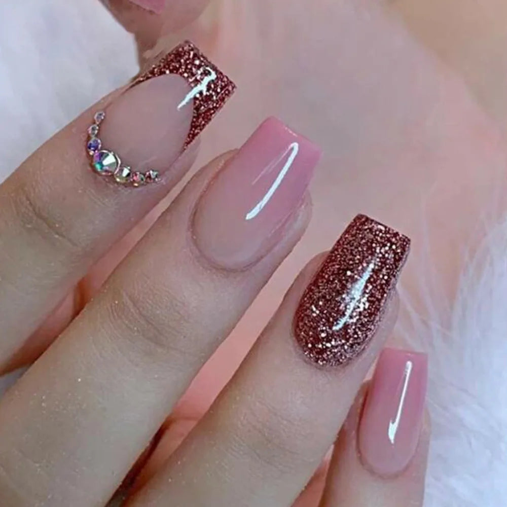 24Pcs Press on Nails Wearable Fake Nails Pink Gradient Glitter Butterfly Rhinestones False Nail Full Cover Acrylic Nail Tips