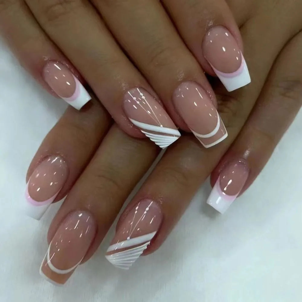 24pcs False Nail Full Cover Fake Nail Elegant Pink Gradient Glitter French Short Nails Coffin Short False Nail Press on Nails