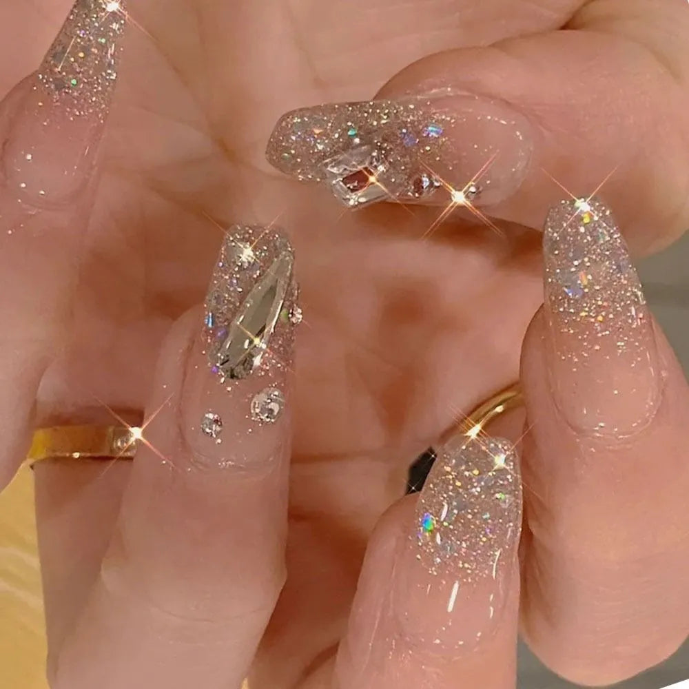 24Pcs Press on Nails Wearable Fake Nails Pink Gradient Glitter Butterfly Rhinestones False Nail Full Cover Acrylic Nail Tips