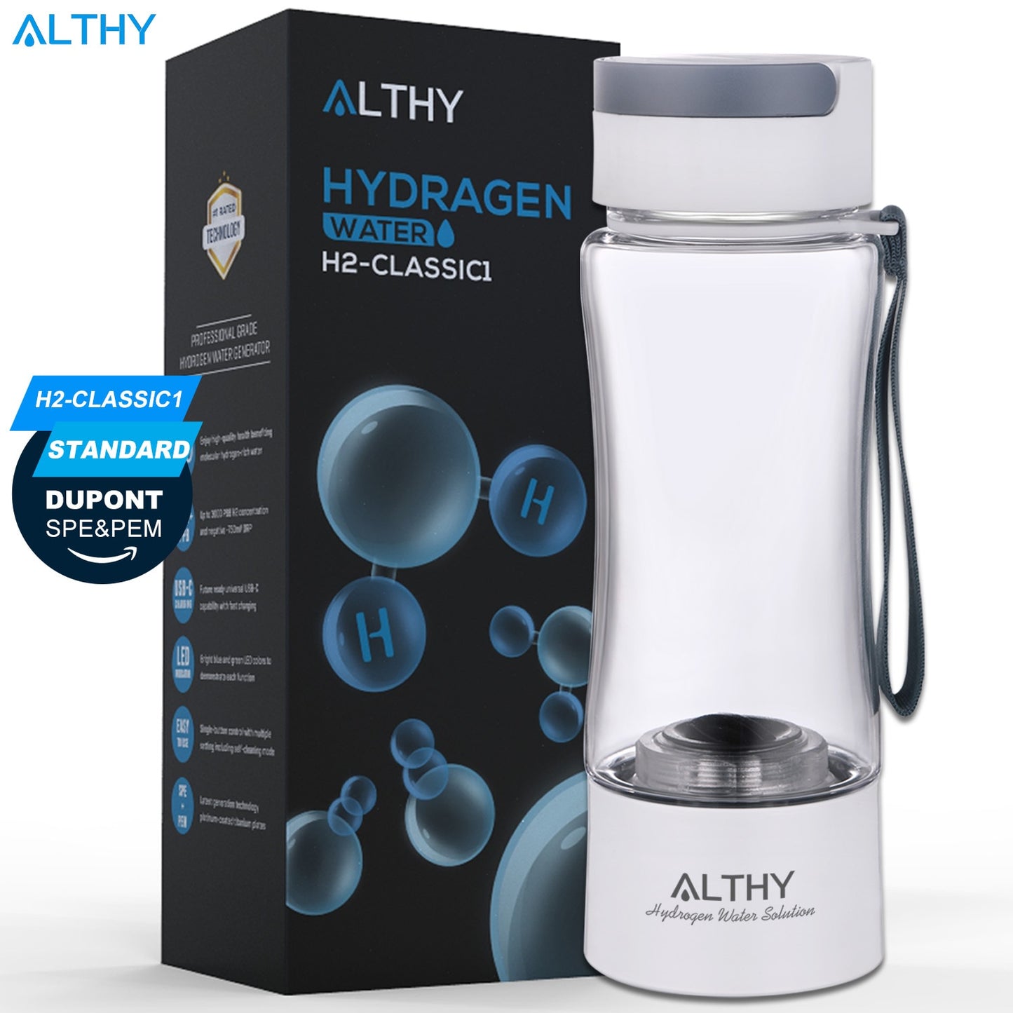 ALTHY Hydrogen Rich Water Generator Bottle Cup - DuPont SPE PEM Dual Chamber Maker Lonizer - H2 Inhalation Device