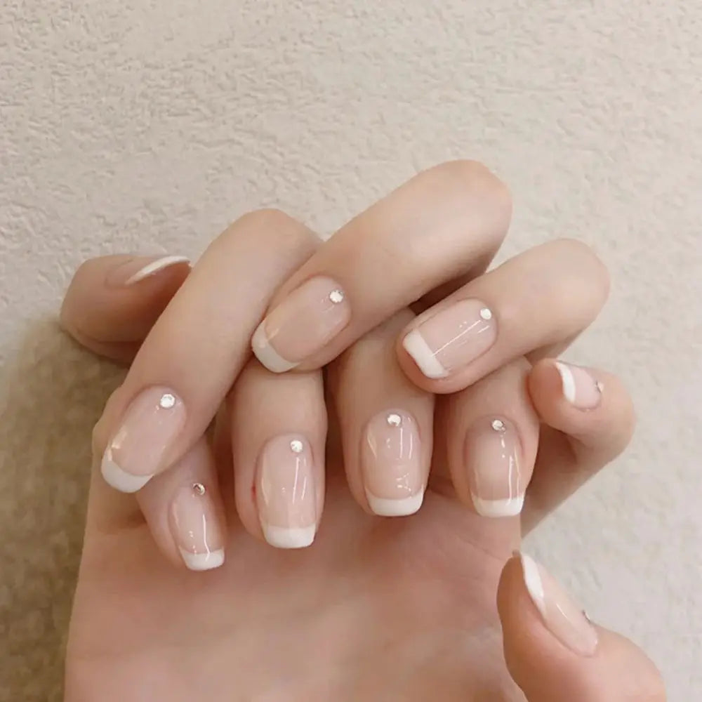 24pcs False Nail Full Cover Fake Nail Elegant Pink Gradient Glitter French Short Nails Coffin Short False Nail Press on Nails