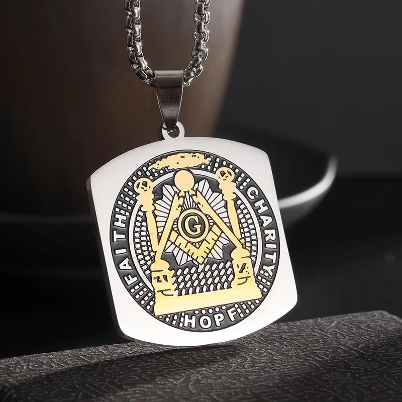 Men\'s Classic Punk Gold Plated Freemason Round Medal Pendant Necklace Hip Hop Style Rock Party Jewelry