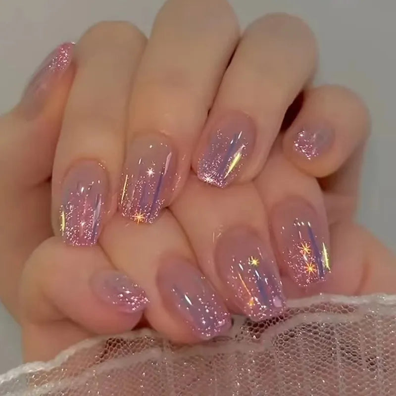 24Pcs Press on Nails Wearable Fake Nails Pink Gradient Glitter Butterfly Rhinestones False Nail Full Cover Acrylic Nail Tips