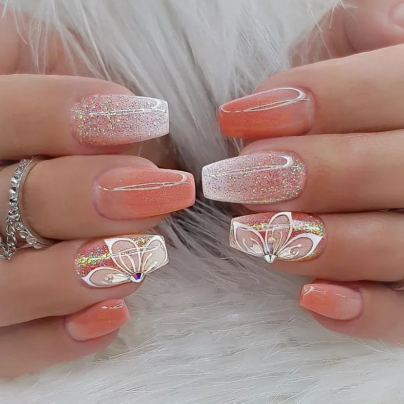 24Pcs Press on Nails Wearable Fake Nails Pink Gradient Glitter Butterfly Rhinestones False Nail Full Cover Acrylic Nail Tips