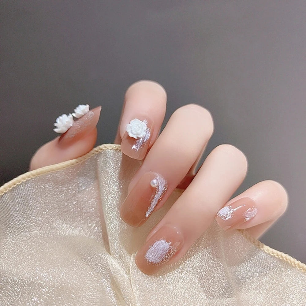 24pcs False Nails Floral Beads Decorated Artificial Nail Tips Bride Reusable Fingernails Fake Nail Press on Nail накладные ногти