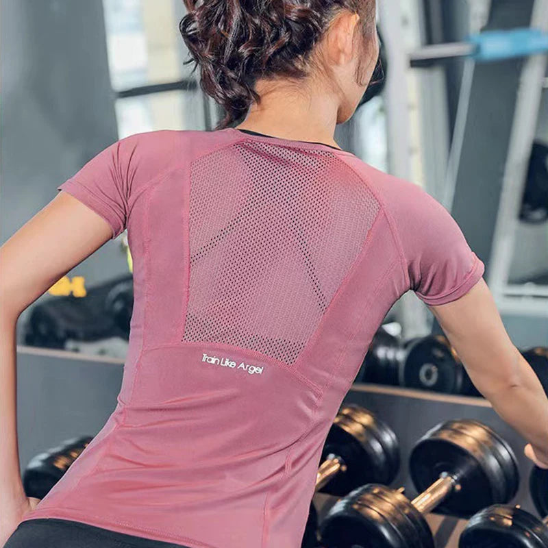 Women Summer T Shirts Slim Fit for Sports Fitness Yoga Short Sleeve Yoga Top Mesh Womens Gym Shirt Sport Wear Workout Top