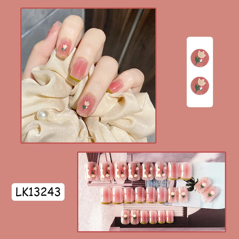 24PcsSet Wearable Press on Nail Art Full Cover Manicure Ballet Cute Nails False Removable Fake Nails With Glue Short Square Head