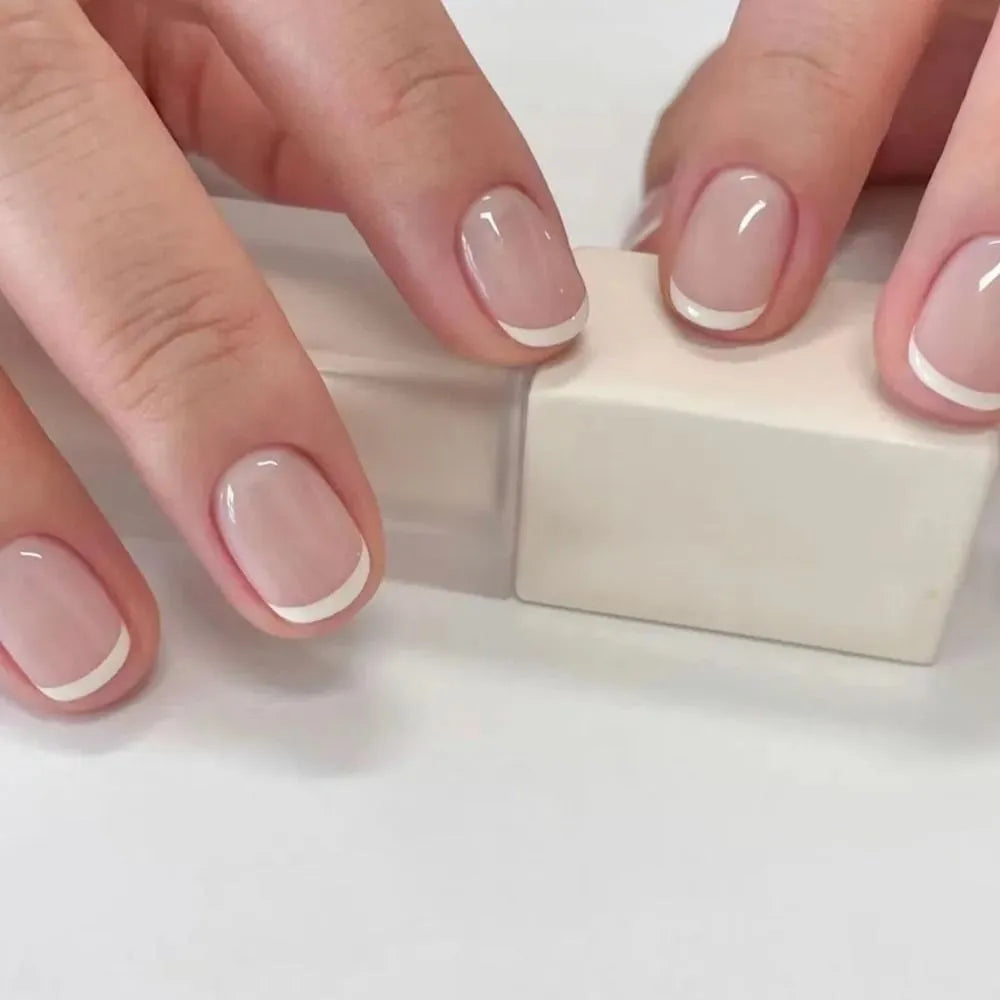 24pcs False Nail Full Cover Fake Nail Elegant Pink Gradient Glitter French Short Nails Coffin Short False Nail Press on Nails