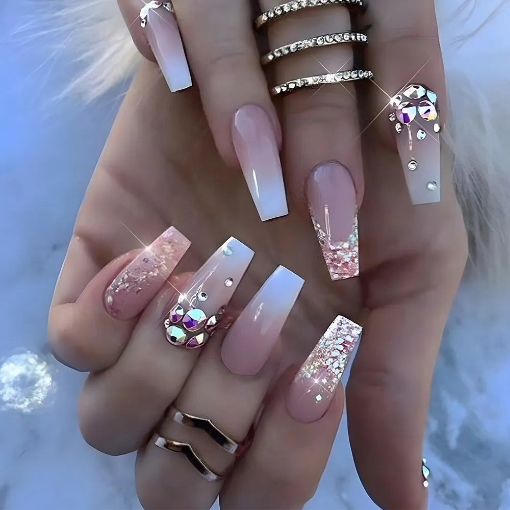 24Pcs Press on Nails Wearable Fake Nails Pink Gradient Glitter Butterfly Rhinestones False Nail Full Cover Acrylic Nail Tips
