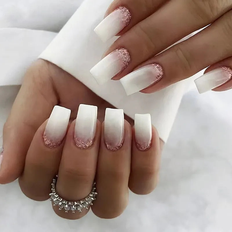 24Pcs Press on Nails Wearable Fake Nails Pink Gradient Glitter Butterfly Rhinestones False Nail Full Cover Acrylic Nail Tips