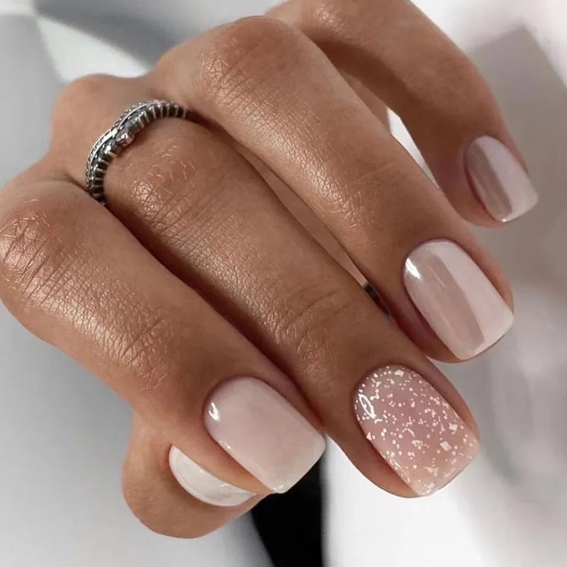 24pcs False Nail Full Cover Fake Nail Elegant Pink Gradient Glitter French Short Nails Coffin Short False Nail Press on Nails