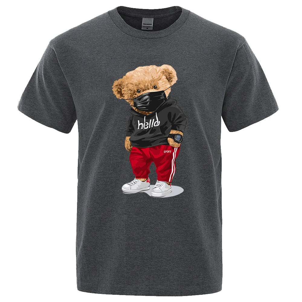 100% Cotton Sports Mask Bear Print Short-Sleeved T-Shirt Male Half-Sleeved Summer Casual Oversized T-Shirt Men Shirt S-Xxxl