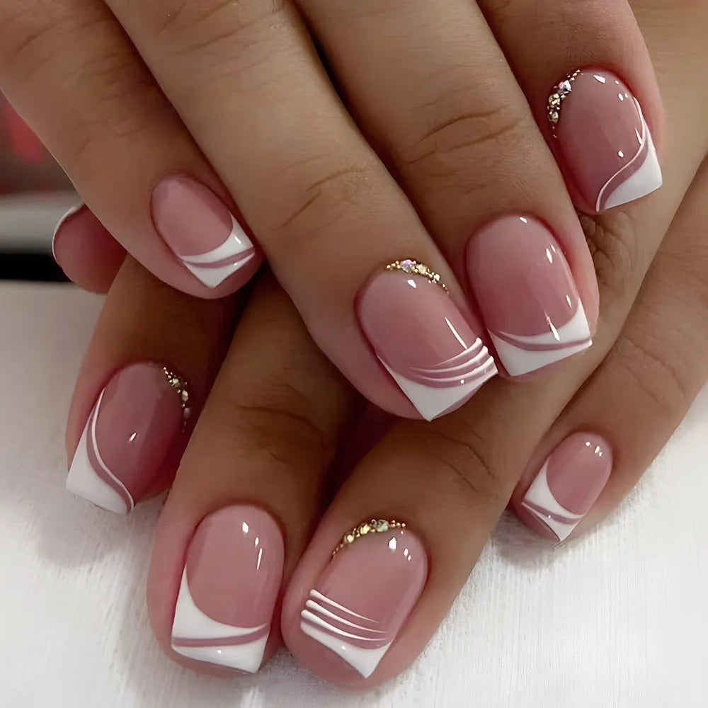 24pcs False Nail Full Cover Fake Nail Elegant Pink Gradient Glitter French Short Nails Coffin Short False Nail Press on Nails