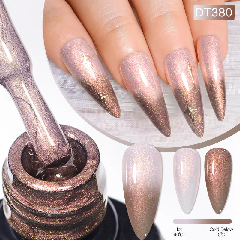 MEET ACROSS 7ml Auroras Thermal Gel Nail Polish Gold Glitter Gradient Color Changing Gel Semi Permanent Nail Art UV Gel Varnish