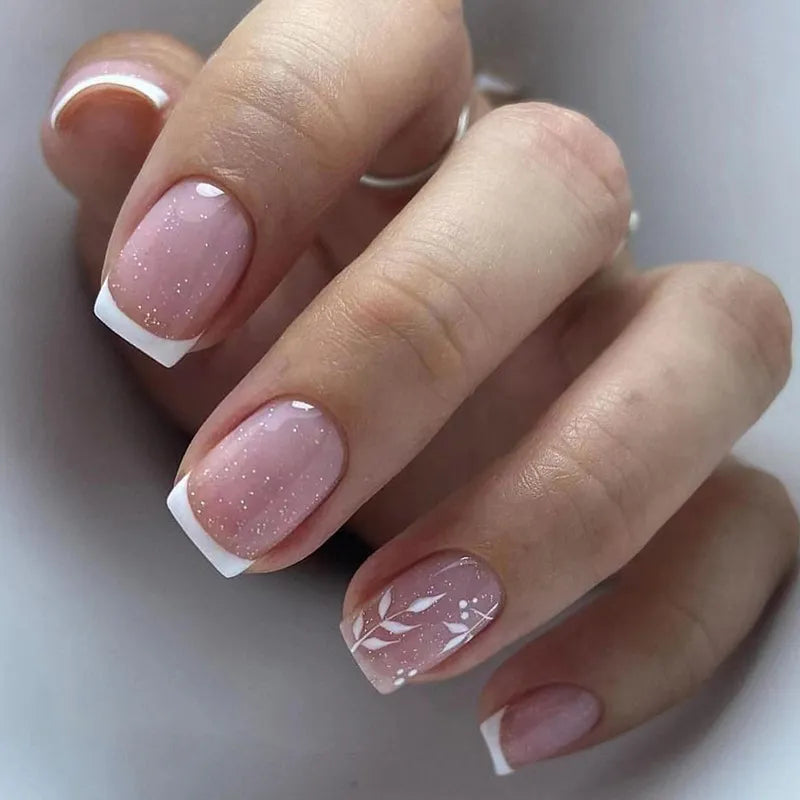 24pcs False Nail Full Cover Fake Nail Elegant Pink Gradient Glitter French Short Nails Coffin Short False Nail Press on Nails