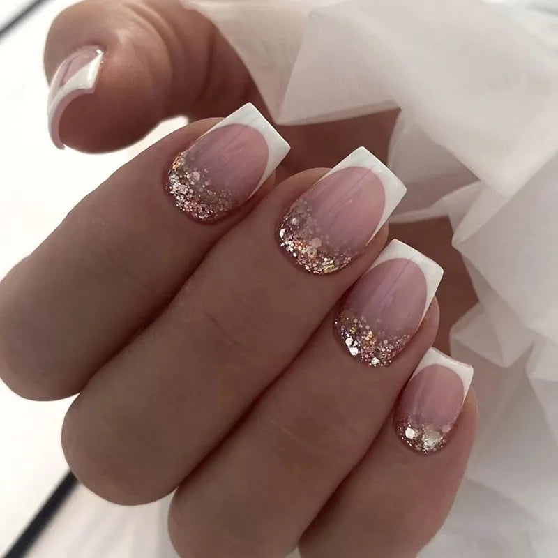 24pcs False Nail Full Cover Fake Nail Elegant Pink Gradient Glitter French Short Nails Coffin Short False Nail Press on Nails