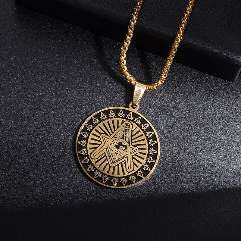 Men\'s Classic Punk Gold Plated Freemason Round Medal Pendant Necklace Hip Hop Style Rock Party Jewelry
