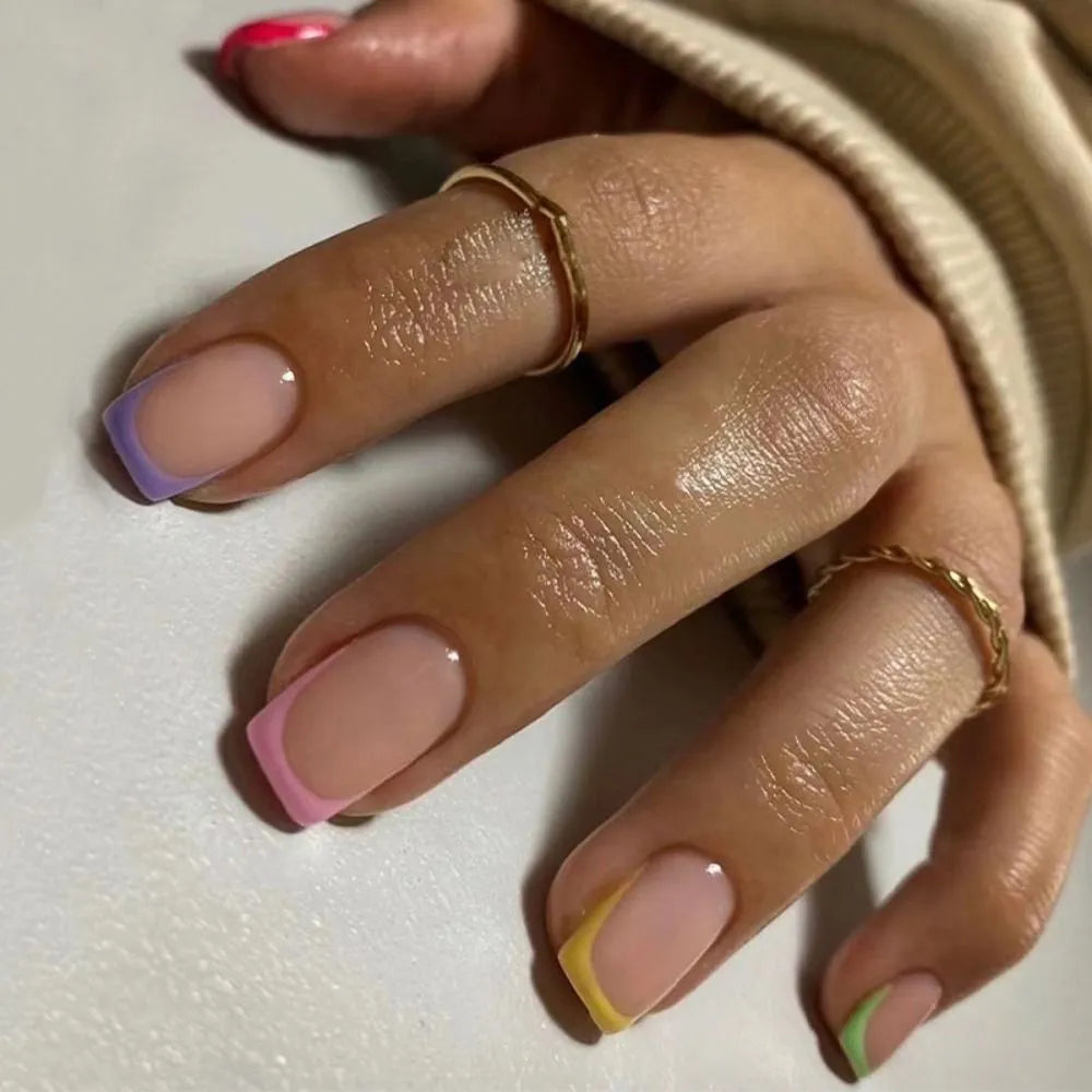 24pcs False Nail Full Cover Fake Nail Elegant Pink Gradient Glitter French Short Nails Coffin Short False Nail Press on Nails