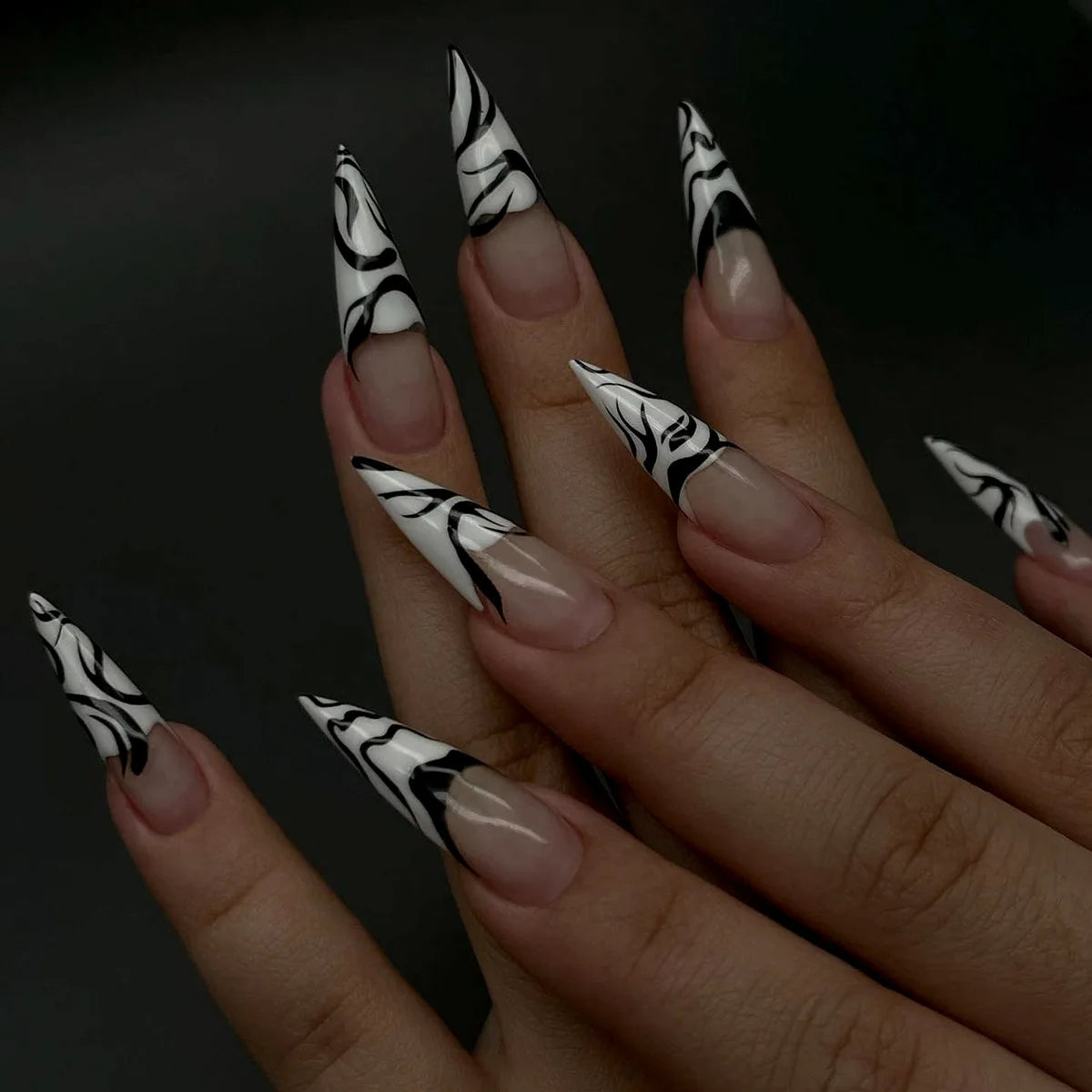 Long Almond Fake Nails Detachable French Ballet Halloween False Nails Nail Art Full Cover Nail Tips Press on Nails 24pcs
