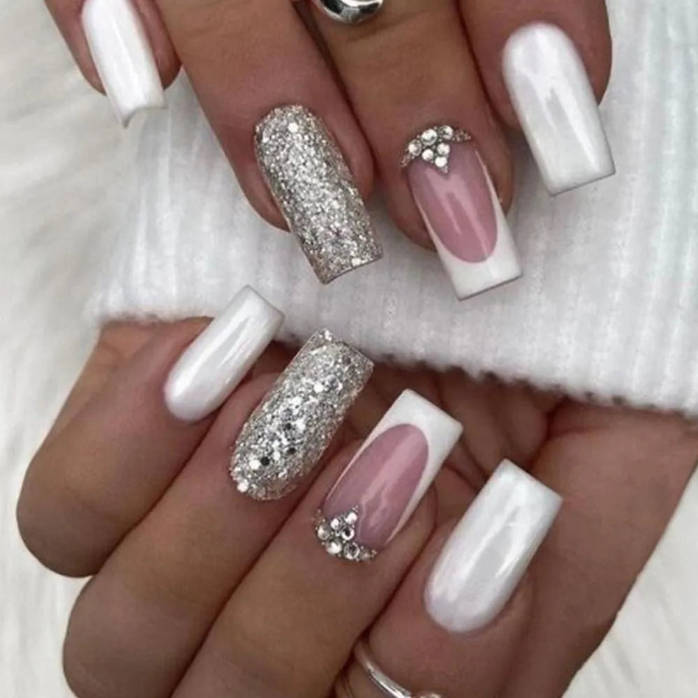 24Pcs Press on Nails Wearable Fake Nails Pink Gradient Glitter Butterfly Rhinestones False Nail Full Cover Acrylic Nail Tips