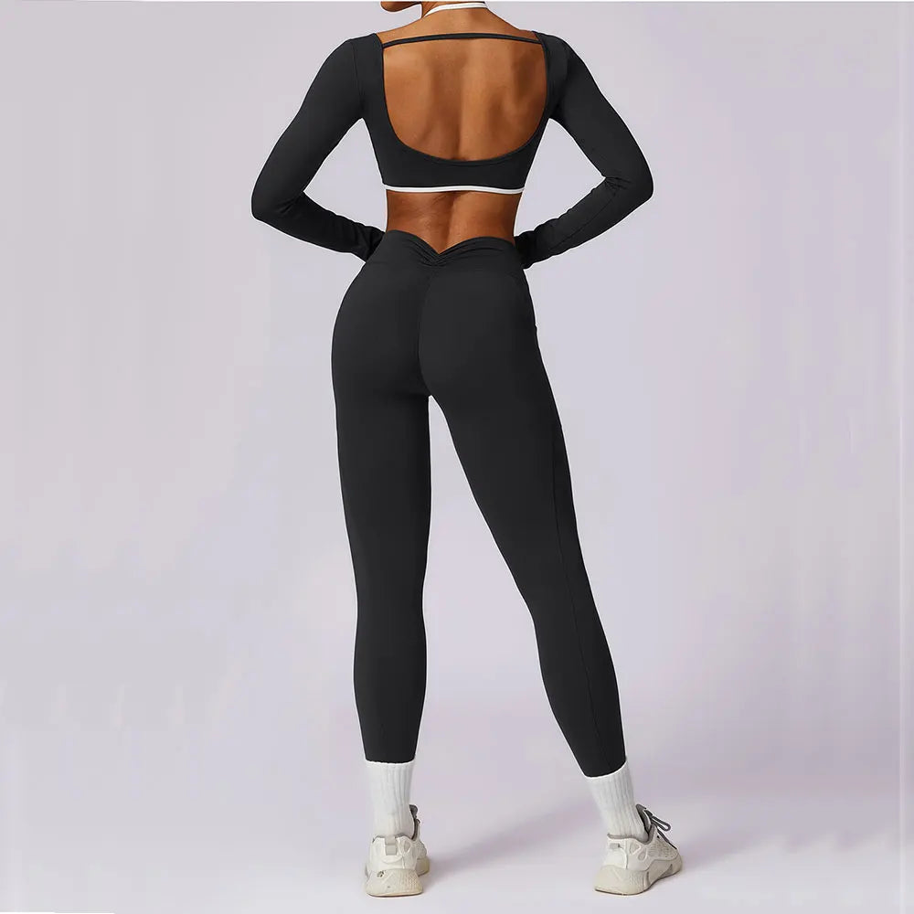 2PCS Women Tracksuit Yoga Set Sport Suit Gymwear Workout Clothes Long Sleeve Gym Bra High Waist Leggings Fitness Sports Wear