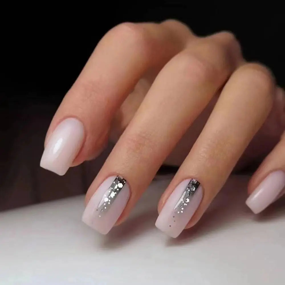 24pcs False Nail Full Cover Fake Nail Elegant Pink Gradient Glitter French Short Nails Coffin Short False Nail Press on Nails