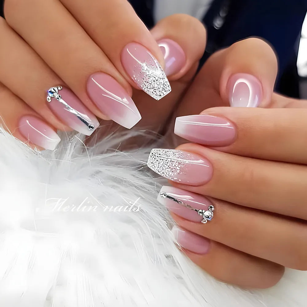 24Pcs Press on Nails Wearable Fake Nails Pink Gradient Glitter Butterfly Rhinestones False Nail Full Cover Acrylic Nail Tips