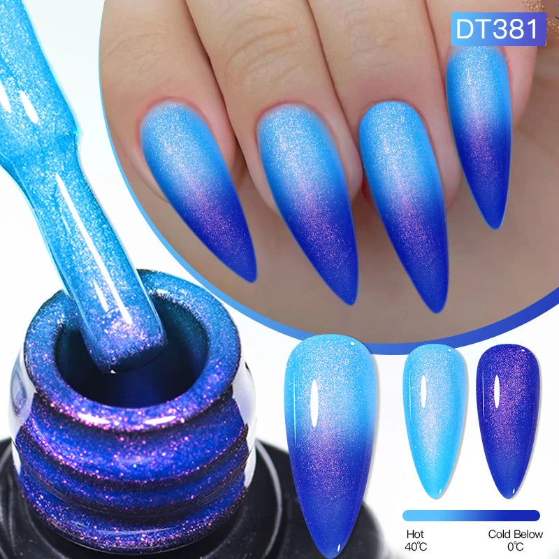 MEET ACROSS 7ml Auroras Thermal Gel Nail Polish Gold Glitter Gradient Color Changing Gel Semi Permanent Nail Art UV Gel Varnish