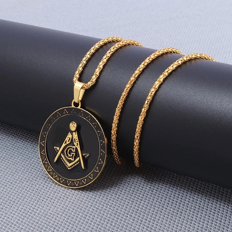 Men\'s Classic Punk Gold Plated Freemason Round Medal Pendant Necklace Hip Hop Style Rock Party Jewelry