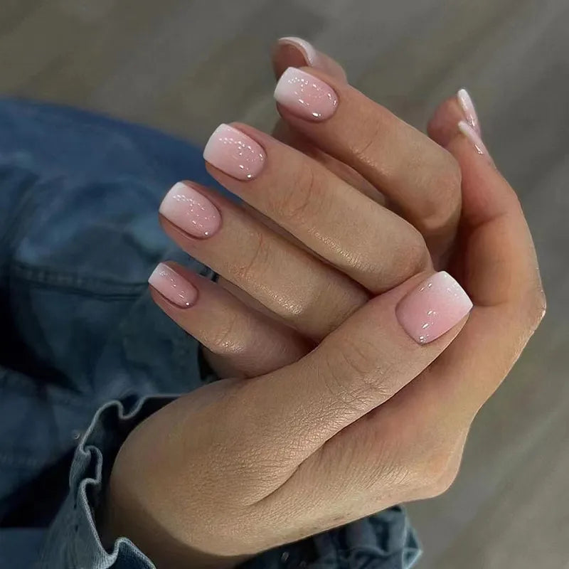 24pcs False Nail Full Cover Fake Nail Elegant Pink Gradient Glitter French Short Nails Coffin Short False Nail Press on Nails