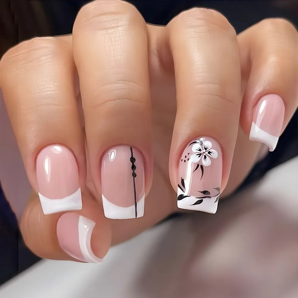 24pcs False Nail Full Cover Fake Nail Elegant Pink Gradient Glitter French Short Nails Coffin Short False Nail Press on Nails